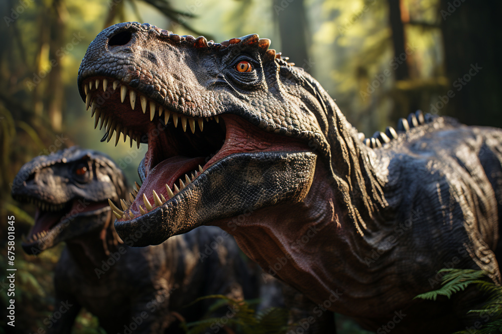 Poster he playful interaction between a group of tyrannosaurus rex, showcasing their social dynamics and vi
