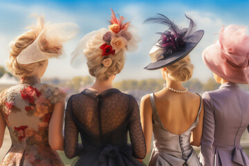 Young pretty women in beautiful dresses wearing fascinators watching horse racing. - obrazy, fototapety, plakaty