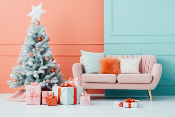 A festive holiday home with a beautifully decorated Christmas tree, gifts and a warm cozy atmosphere.