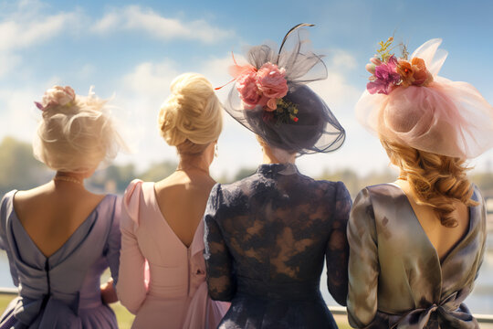 Young pretty women in beautiful dresses wearing fascinators watching horse racing.