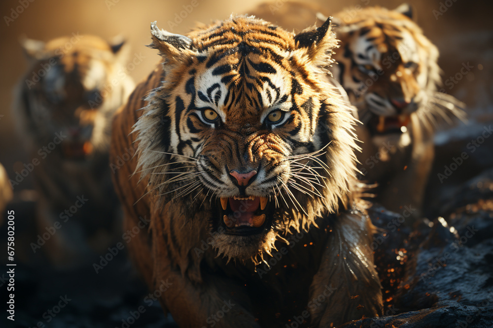 Poster he playful interaction between a group of tiger, showcasing their social dynamics and vigilant natur
