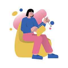 Mental health concept with people scene in the flat cartoon design. A woman knits with knitting needles, because this is her favorite hobby that helps her feel calm. Vector illustration.
