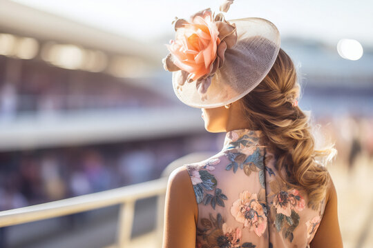 Young pretty woman in beautiful dress wearing fascinator at horse racing track.