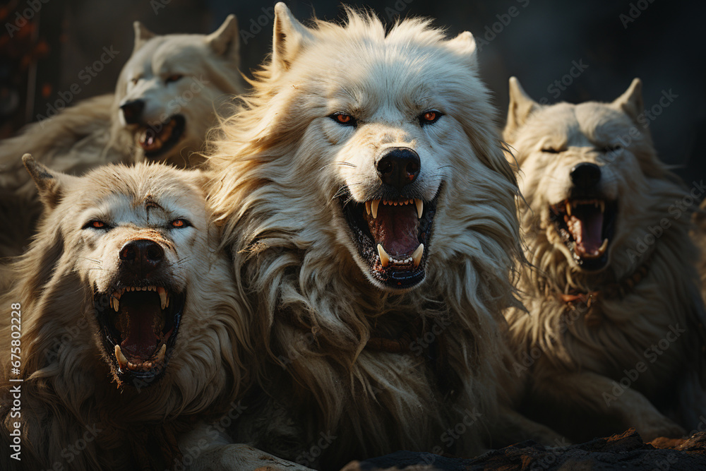 Poster he playful interaction between a group of wolf, showcasing their social dynamics and vigilant nature