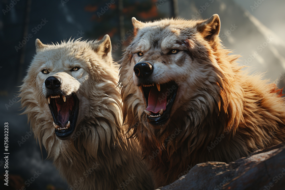 Poster he playful interaction between a group of wolf, showcasing their social dynamics and vigilant nature