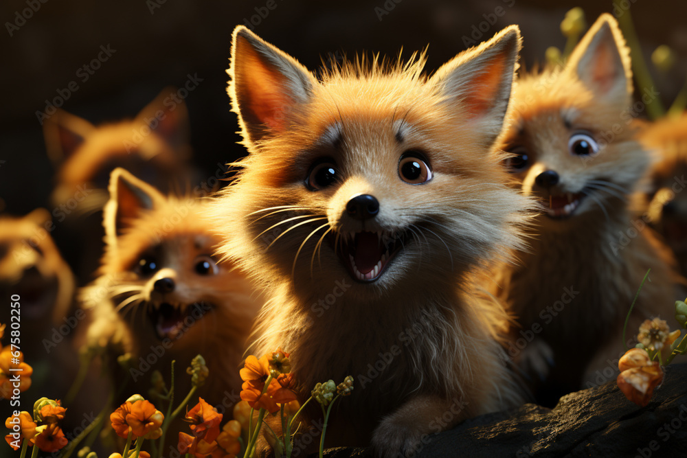 Poster he playful interaction between a group of fox, showcasing their social dynamics and vigilant nature.