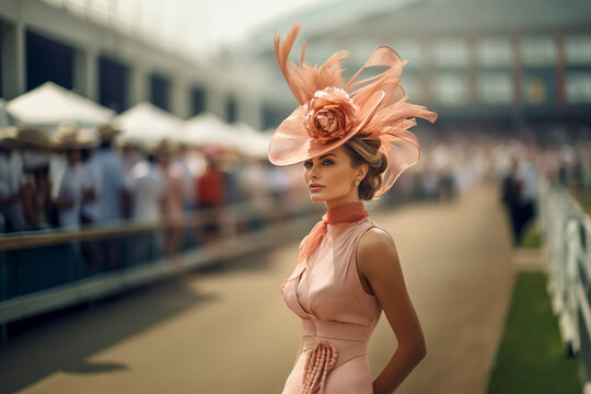 Young pretty woman in beautiful dress wearing fascinator at horse racing track.