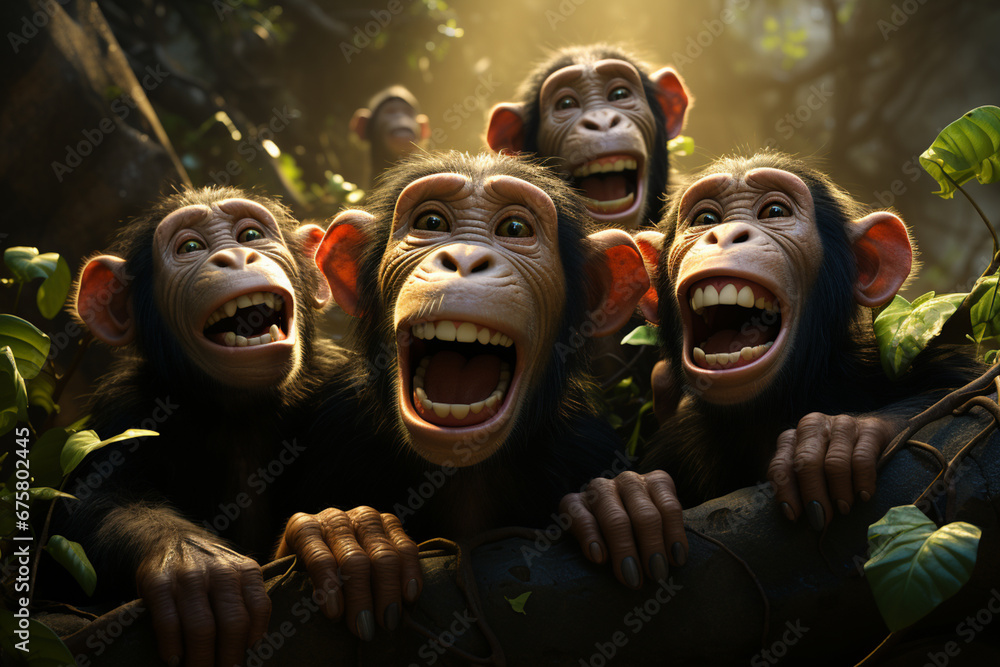 Poster playful interaction between a group of chimpanzee's, showcasing their social dynamics and vigilant n
