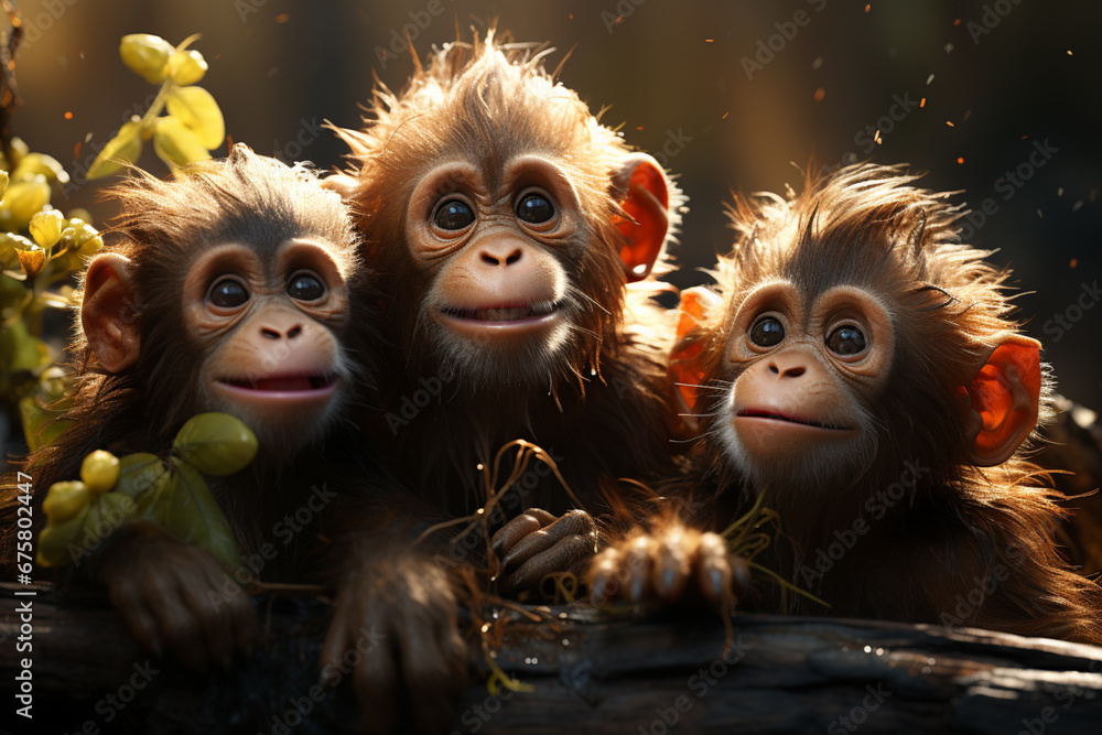 Poster playful interaction between a group of orangutan's, showcasing their social dynamics and vigilant na