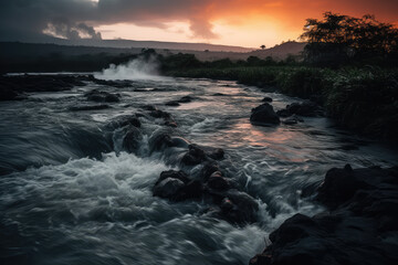 Obraz premium A stream of lava from a volcano flows into a river