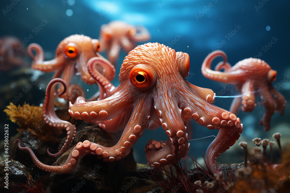 Poster playful interaction between a group of octopus, showcasing their social dynamics and vigilant nature