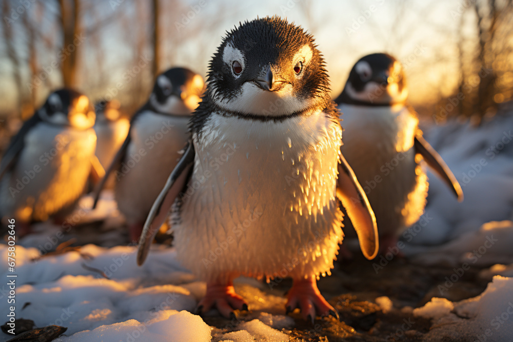 Poster playful interaction between a group of penguin's, showcasing their social dynamics and vigilant natu