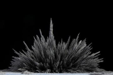 Reaction of iron dust to a magnetic field of a strong neodymium magnet on a black background - obrazy, fototapety, plakaty