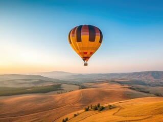 Obraz premium A hot air balloon floats above the ground in front of a blue sky background