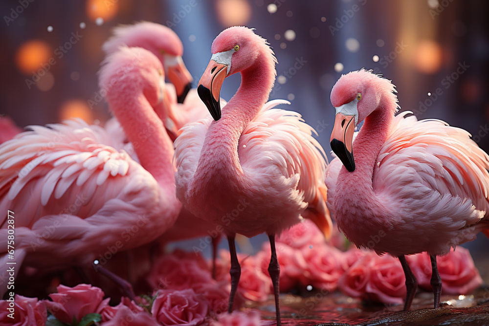 Poster playful interaction between a group of flamingo's, showcasing their social dynamics and vigilant nat