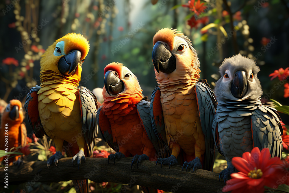 Poster playful interaction between a group of parrot's, showcasing their social dynamics and vigilant natur