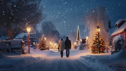 Obraz premium Romantic winter stroll, couple amidst snowfall in illuminated town. Festive season ambiance.