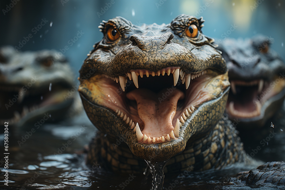Poster playful interaction between a group of alligator's, showcasing their social dynamics and vigilant na
