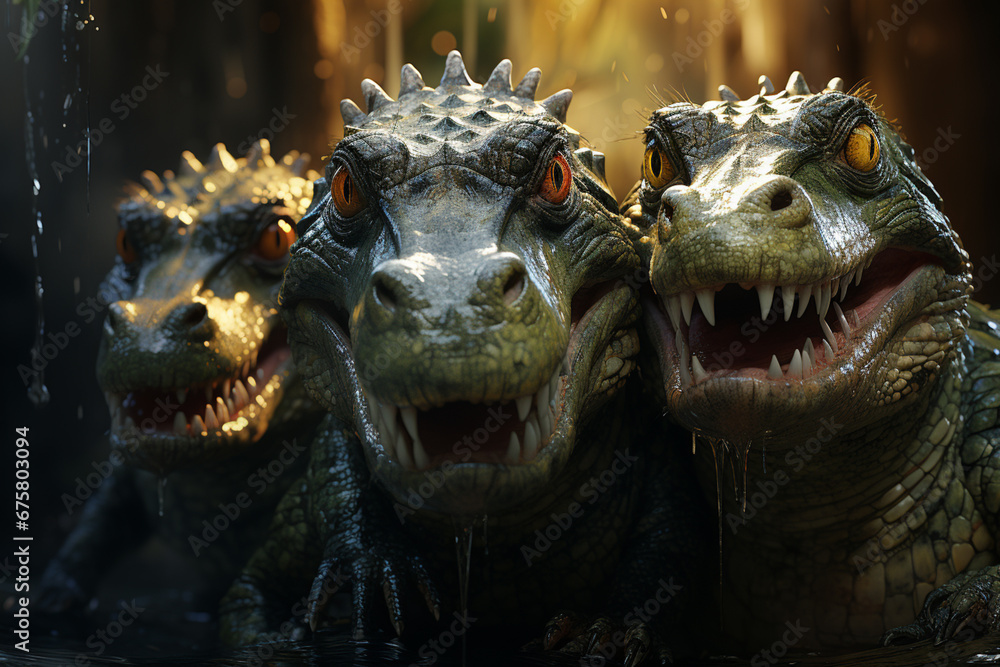 Poster playful interaction between a group of alligator's, showcasing their social dynamics and vigilant na