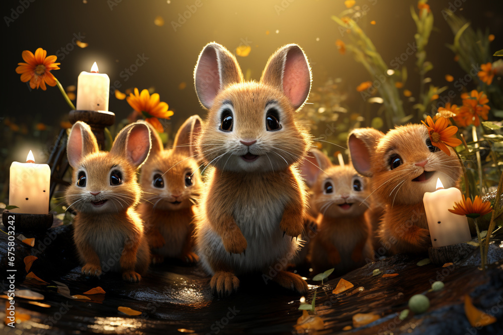 Poster playful interaction between a group of rabbit's, showcasing their social dynamics and vigilant natur