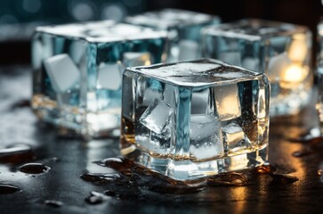 Ice cubes on frozen lake with blue sky and white clouds in background