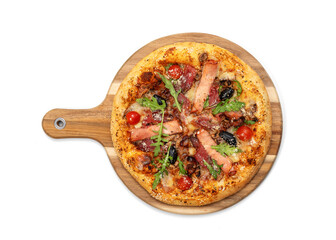 Delicious italian pizza on a wooden board, isolated on white background. Including clipping path