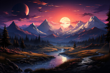 Low poly mountains landscape background. Polygonal shapes peaks with snow on top and trees around. Sunset wallpaper. 