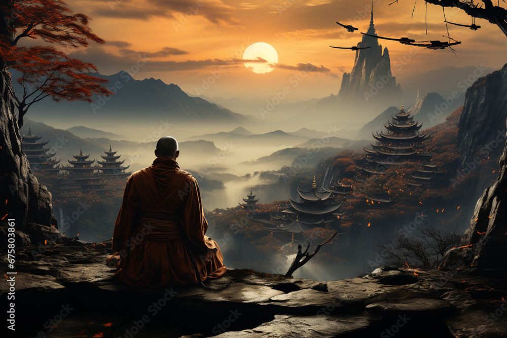 Poster a monk meditating in front of a chinese temple, foggy mountains in the backgroun.