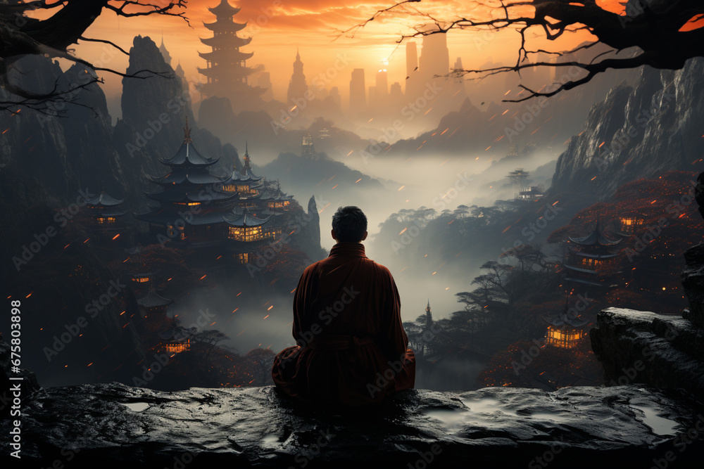 Poster a monk meditating in front of a chinese temple, foggy mountains in the backgroun.
