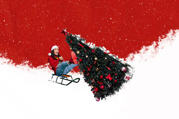 Photo collage artwork minimal picture of funky charming lady riding sledges delivering xmas tree...