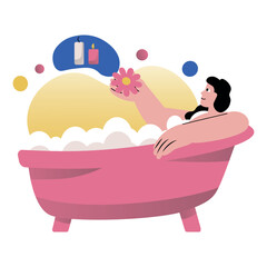 Mental health concept with people scene in the flat cartoon design. The girl takes a bath with various aromatic additives that help to relax and rest. Vector illustration.