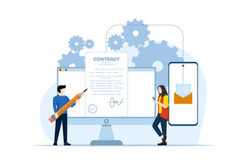 business contract concept, agreement illustration, teamwork and collaboration, partnership, business startup strategy, contract agreement signing characters. flat vector illustration on background.