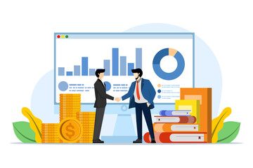 Concept of business agreement, entrepreneur, startup, business deal, cooperation, investment, partnership, partner, legally binding terms of agreement, vector flat illustration on a white background.