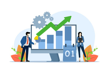 concept of financial analysis, accounting, business meetings and targets, management, company, business team analyzing company finances. vector flat illustration on white background.