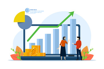 concept of financial analysis, accounting, business meetings and targets, management, company, business team analyzing company finances. vector flat illustration on white background.