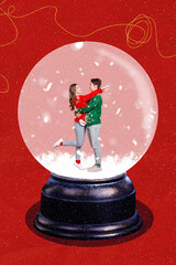 Creative template collage image of charming smiling couple dancing together iside x-mas snow ball...