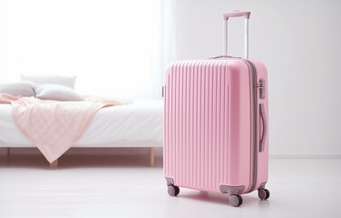 modern pink suitcase on white bed on white bedroom background