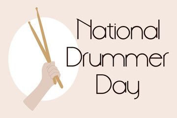 Hand holding Wooden drum stick. National Drummer day Card. Crossed wooden drumsticks. Isolated Design element. Music concept. Vector llustration in flat, cartoon style. Hug a drummer Poster, Banner