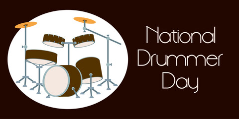 Drum set vector design. National Drummer Day. Drum kit flat style vector illustration, isolated elements. Percussion set with cymbals musical instruments. Poster, Card, Banner, Sticker template