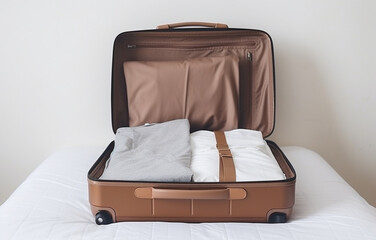 modern empty openned suitcase on white bed on white bedroom background