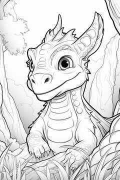 Cute dragon or Dino, fantasy coloring white book, empty, without any colors. Simple illustration for kids