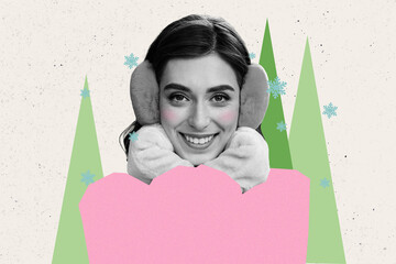 Photo collage artwork minimal picture of dreamy cute smiling lady celebrating x-mas isolated...