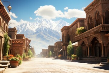 Deserted street in a city in the Middle East. Mountains in the background. Generative AI Art. Beautiful view.
