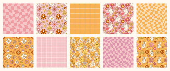 Retro psychedelic set 60s 70s vector seamless patterns, groovy hippie style background. Cartoon print with flowers, checkerboard
