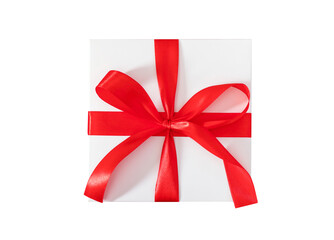 white gift box with a red bow on a white background