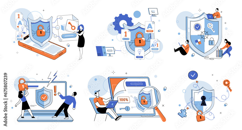 Poster cyber security vector illustration. guards are responsible for defending against cyber attacks and b
