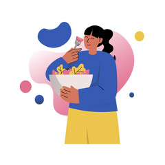 Mental health concept with people scene in the flat cartoon design. The girl has prepared herself a delicious salad and is ready to rest. Vector illustration.
