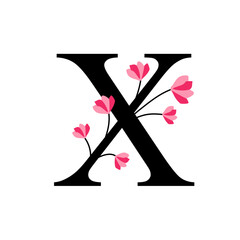 Floral alphabet, letter X with flowers and leaf. For invitations, greeting card, logo, poster and other design.