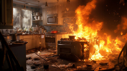 厨房での突然の事故火災GenerativeAI - obrazy, fototapety, plakaty