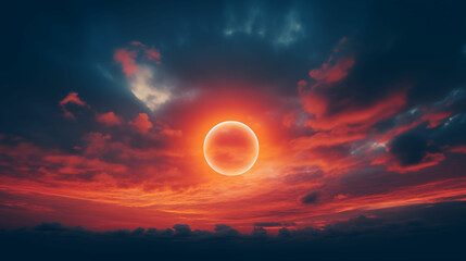 Obraz na płótnie Canvas Surreal Scenery of a Beautiful Annular Eclipse under the Colored Red Sky